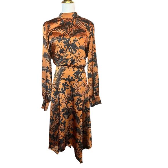 Future Collective Satin Mock Neck Midi Dress XL Brown Tropical Print Retro - Picture 6 of 11